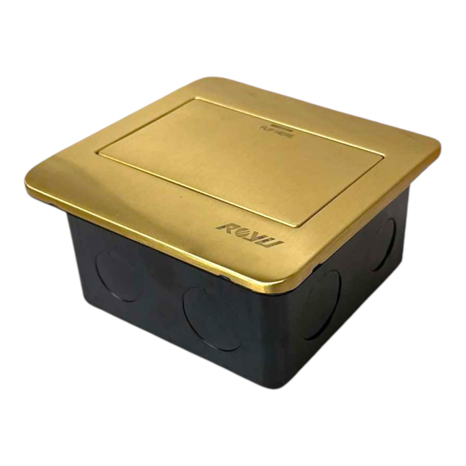 A square electrical outlet cover plate with a brushed gold top and a black base, featuring the brand name 'ROMU' on the gold surface, set against a plain white background.