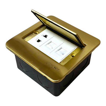 A gold and black outdoor duplex outlet box with a hinged lid open to reveal the white duplex electrical outlet inside, isolated on a white background.