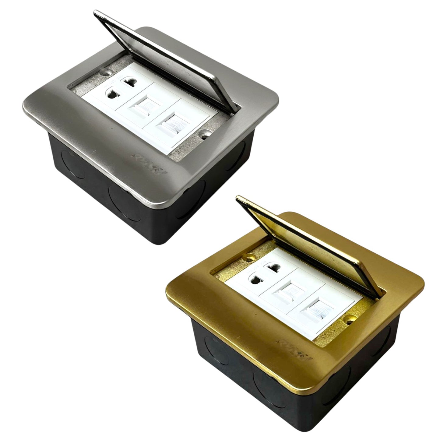 Two waterproof outdoor duplex outlet covers shown on a white background, one in brushed silver and one in brushed gold, both with black junction boxes and hinged lids open to reveal the outlets.