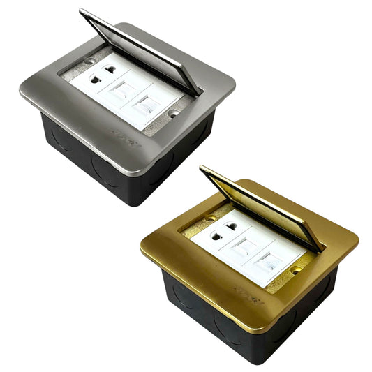 Two waterproof outdoor duplex outlet covers shown on a white background, one in brushed silver and one in brushed gold, both with black junction boxes and hinged lids open to reveal the outlets.