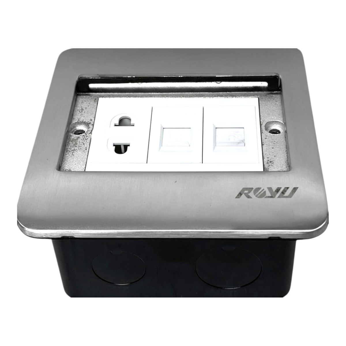 A recessed three-way switch outlet module with a brushed stainless steel faceplate and a black junction box base, featuring the brand name ROXY on the front right.