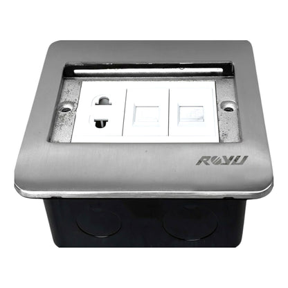 A recessed three-way switch outlet module with a brushed stainless steel faceplate and a black junction box base, featuring the brand name ROXY on the front right.