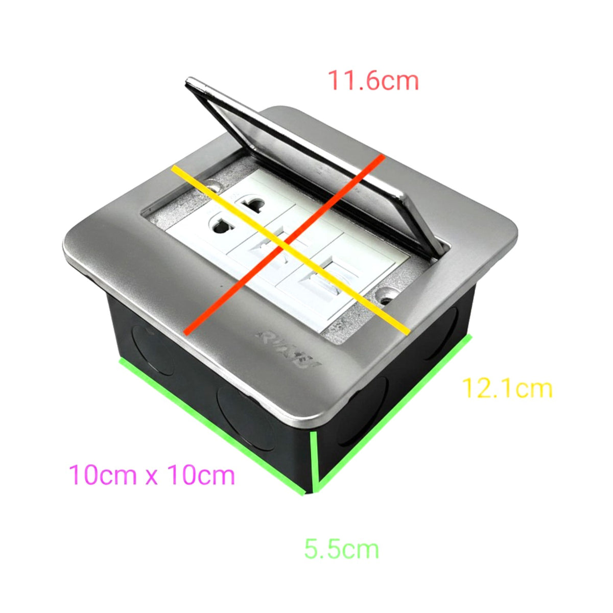 A square pop-up electrical outlet cover shown on a white background with overlaid dimension labels in red, yellow, green, and pink indicating measurements such as 11.6 cm, 12.