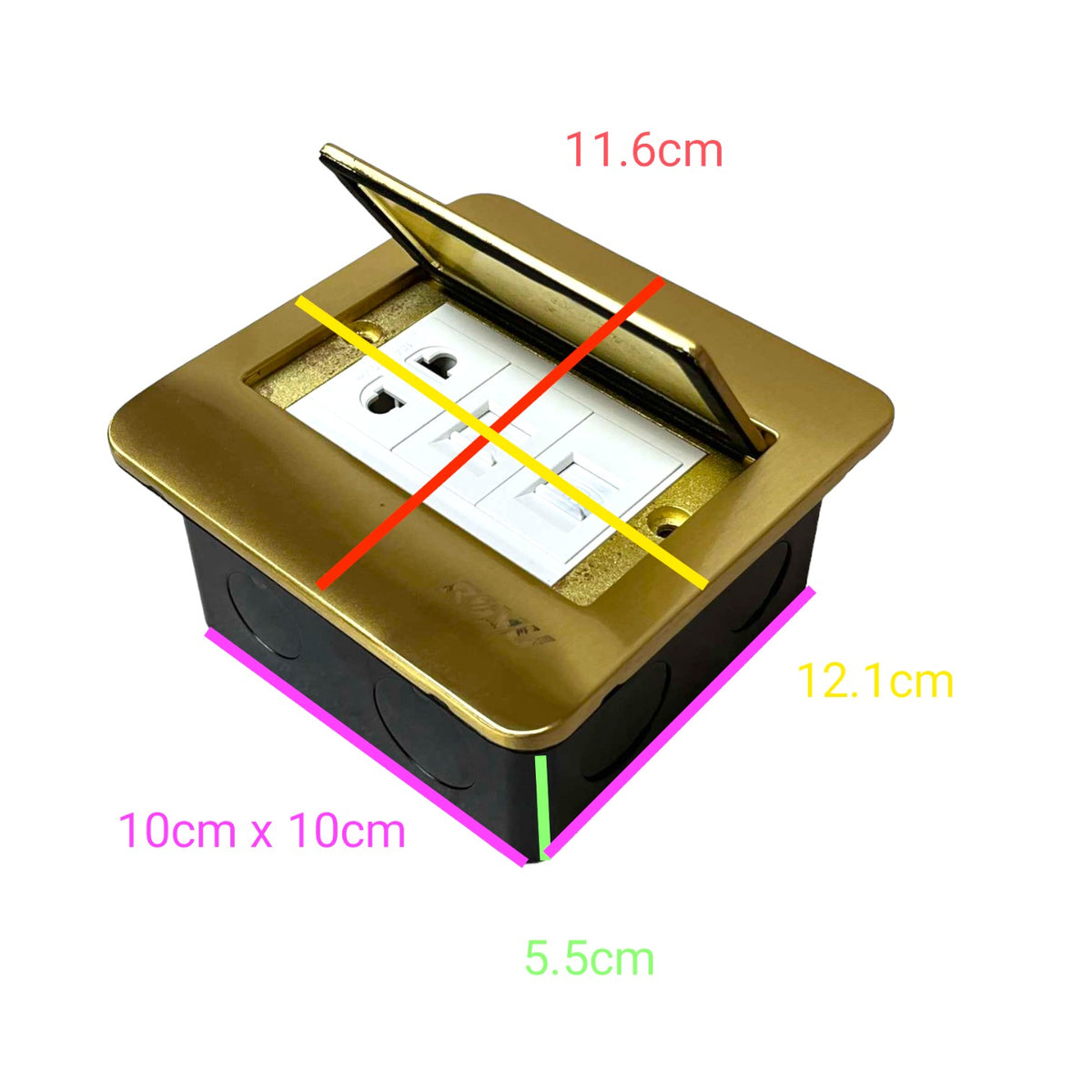 A square gold and black electrical outlet cover with a built-in white socket, shown with overlaid dimension labels and red/yellow crosshairs on a plain white background.