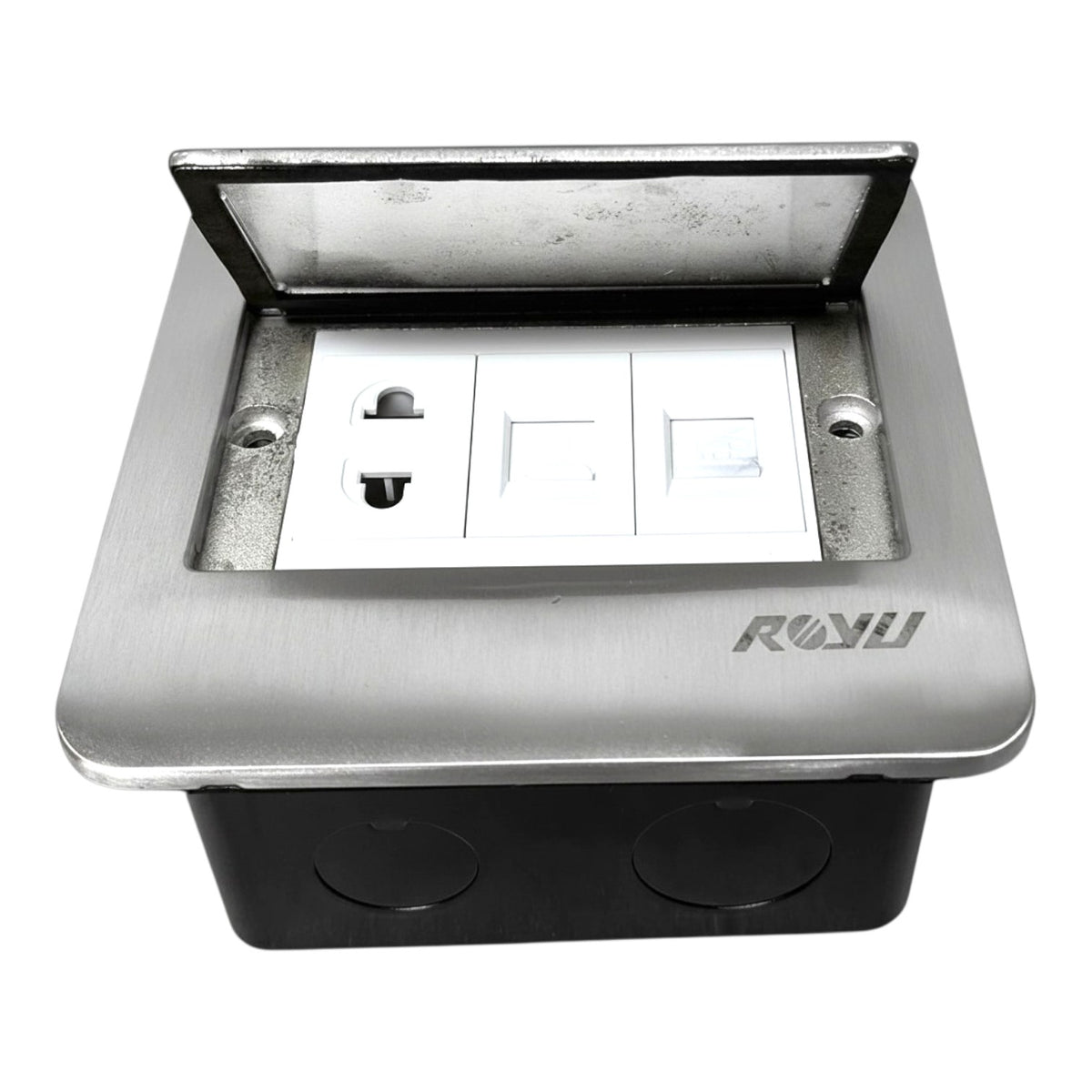 A RUIU outdoor duplex outlet socket box with a brushed stainless steel cover that is open, revealing white RJ45 ports, and a black junction box base.
