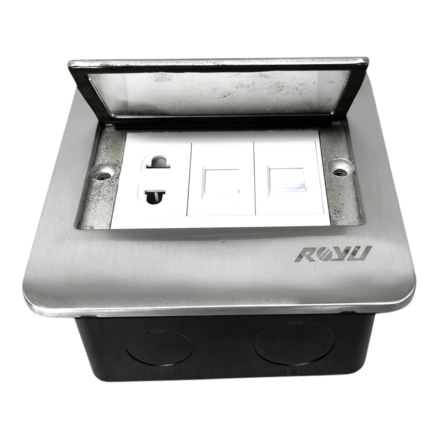 A RUIU outdoor duplex outlet socket box with a brushed stainless steel cover that is open, revealing white RJ45 ports, and a black junction box base.
