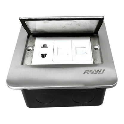A RUIU outdoor duplex outlet socket box with a brushed stainless steel cover that is open, revealing white RJ45 ports, and a black junction box base.