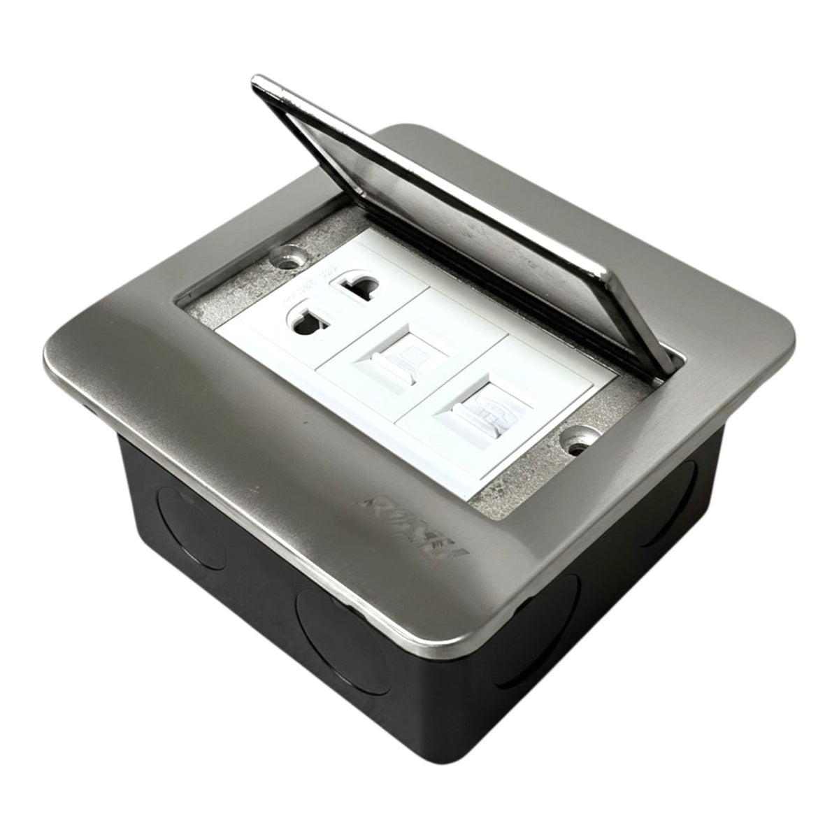 A square outdoor duplex outlet cover with a silver metal top and black base, shown with the lid open to reveal the white duplex outlet inside. The brand name 'POZY' is embossed on the front.
