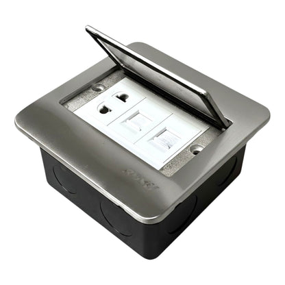 A square outdoor duplex outlet cover with a silver metal top and black base, shown with the lid open to reveal the white duplex outlet inside. The brand name 'POZY' is embossed on the front.