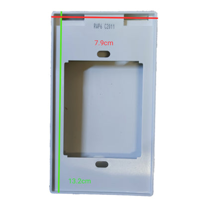 A white plastic electrical outlet cover plate shown on a plain white background with red and green measurement lines and dimensions labeled 7.9cm and 13.