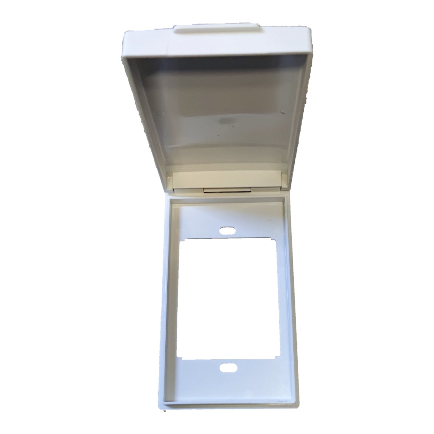 A white plastic electrical junction box cover with the lid open, showing a blank mounting frame inside, isolated on a white background.