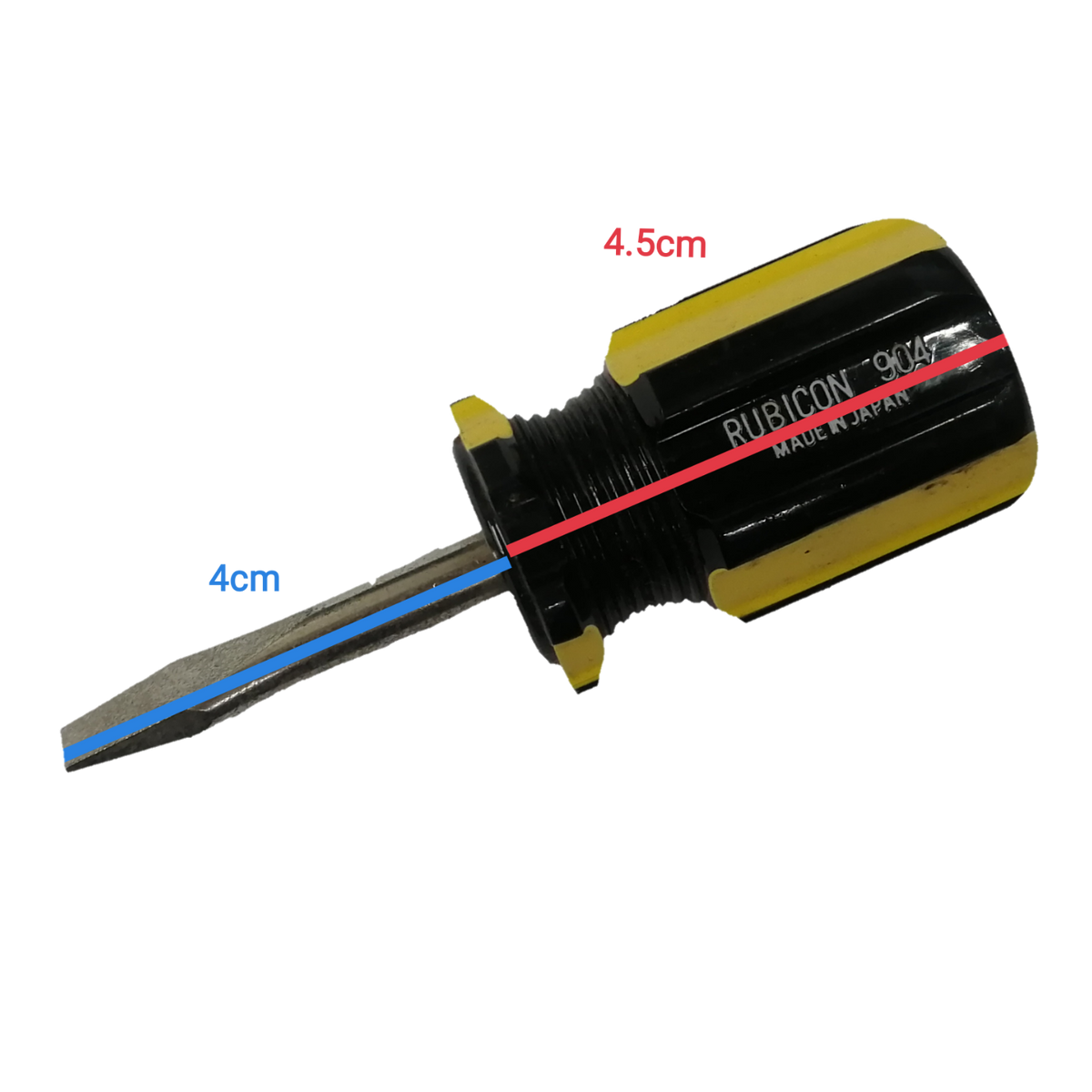 Rubicon Screw Driver Made in Japan with a black handle and yellow accents, measuring 4.5cm in length