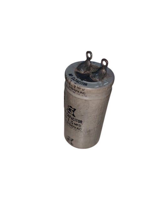 350V running capacitor 1MFD in a silver cylindrical body with two terminals for electrical connections