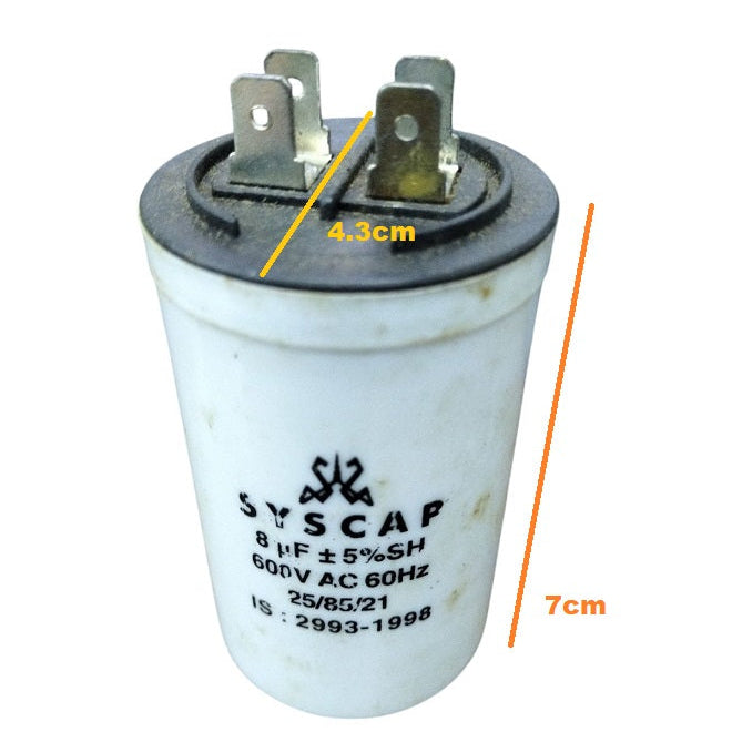 SYSCAP motor running capacitor 8MFD 600V AC white cylindrical electrical component with metal terminals