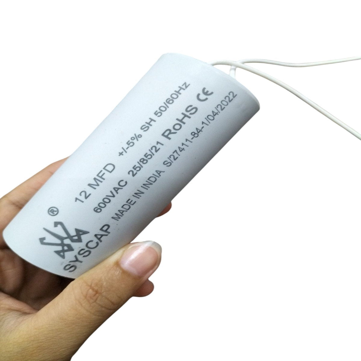 Syscap motor capacitor 12 MFD 600VAC electrical circuitry partwith wires