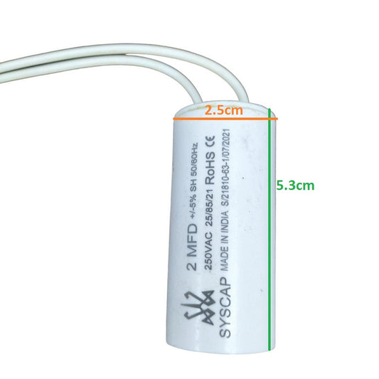 Syscap 250V AC motor running capacitor with dimensions 2.5cm x 5.3cm for electrical applications