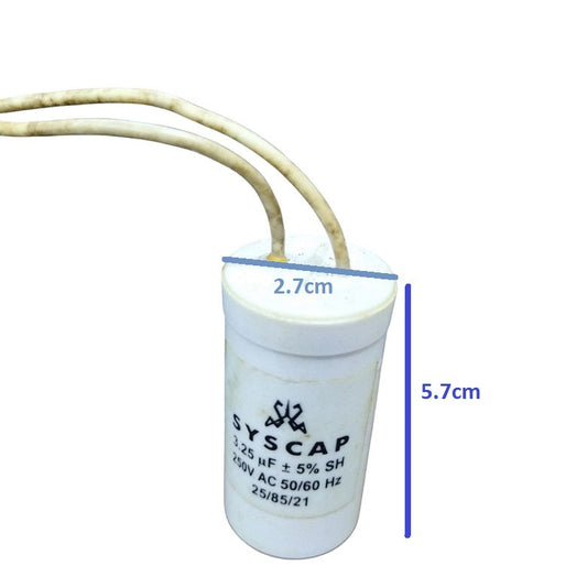 Syscap motor capacitor with wires showing dimensions 2.7 cm diameter and 5.7 cm height