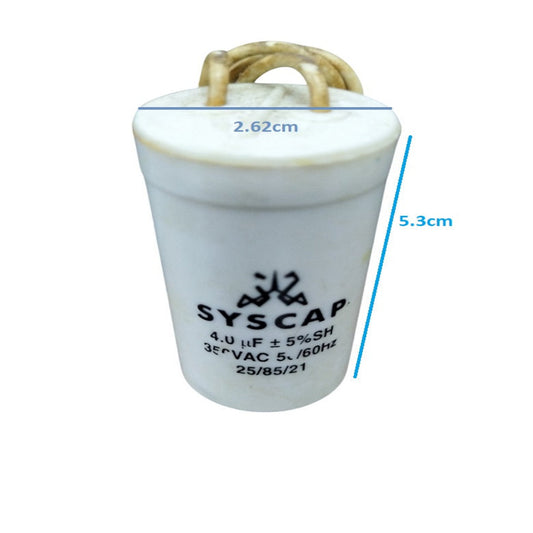 Syscap 4MFD Motor Running Capacitor white cylindrical electrical component with wires