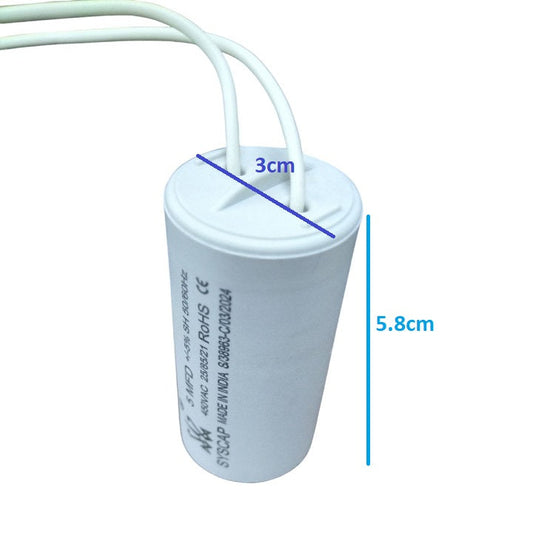 Syscap Running Capacitor 5MFD 450V shown with dimensions for electrical applications