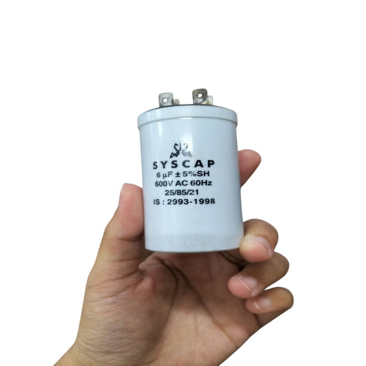 Syscap Motor Capacitor 6 uF 600V AC with 5% tolerance for electrical circuits