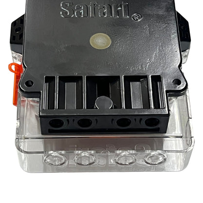 Close-up of a clear plastic device with black top labeled 'Safari' on a white background