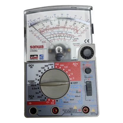 Analog multimeter with Sanwa branding on a white background Sanwa Analog Multi-Tester Capacitance Tester CX506a Capacitance Range 2000uF Made in Japan Electx Electrical Supply