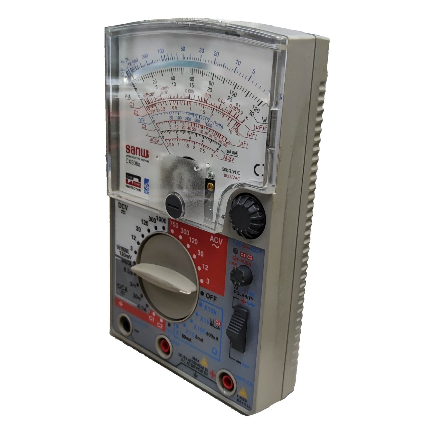 Analog multimeter with a clear faceplate on a white background Sanwa Analog Multi-Tester Capacitance Tester CX506a Capacitance Range 2000uF Made in Japan Electx Electrical Supply