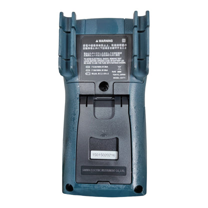 Back view of a blue electronic device with text and labels on a white  Sanwa CD771 Digital Tester 4000 Count Multimeter Range 1000V AC or DC 10A AC or DC 100uf Capacitance Made in Japan Available in Electx ELectrical SUpplybackground