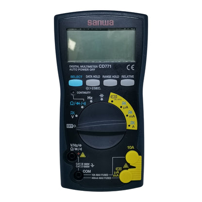 Sanwa digital multimeter on a white background Sanwa CD771 Digital Tester 4000 Count Multimeter Range 1000V AC or DC 10A AC or DC 100uf Capacitance Made in Japan Available in Electx ELectrical SUpply