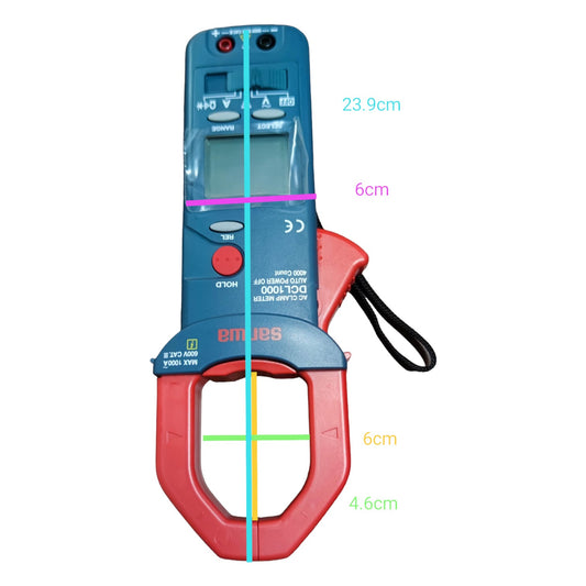 Electrical clamp meter with dimensions labeled on a white background Sanwa DCL 1000 Digital Clamp Tester 1000A AC Clamp Ammeter 600V AC Electx Electrical Supply