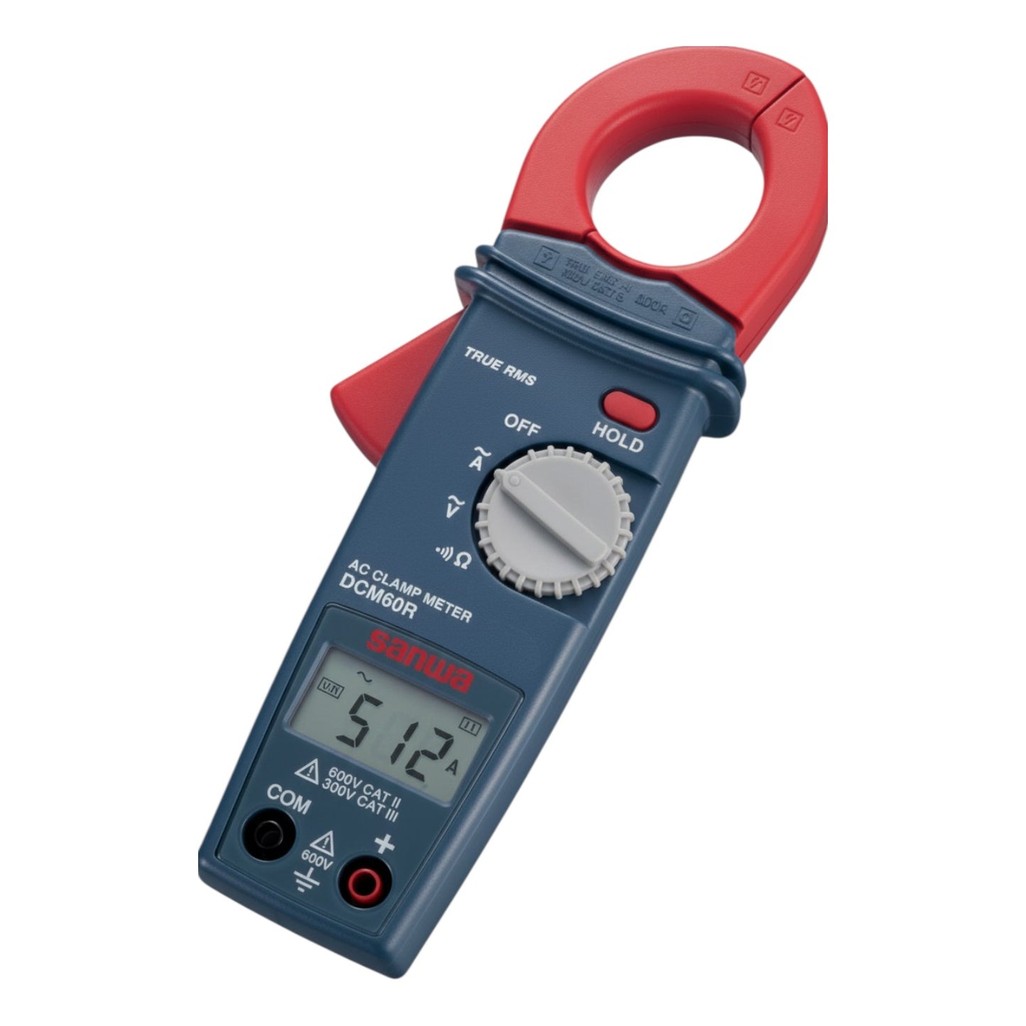 Digital clamp meter with red clamping mechanism on a white background Sanwa DCM60R Digital Clamp Tester True RMS Range 600A AC 600V AC Made In Japan Electx Electrical SUpply