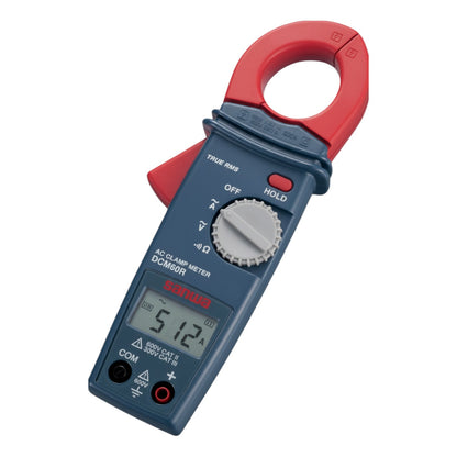 Digital clamp meter with red clamping mechanism on a white background Sanwa DCM60R Digital Clamp Tester True RMS Range 600A AC 600V AC Made In Japan Electx Electrical SUpply
