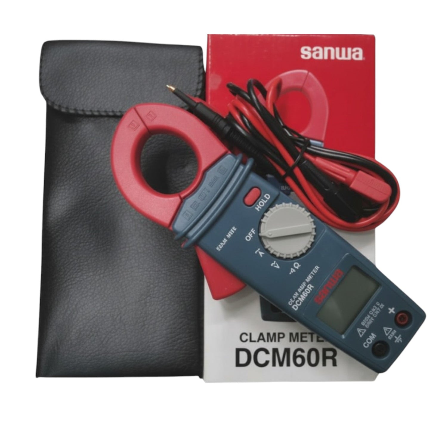 Clamp meter with red handle and black leads on a white background Sanwa DCM60R Digital Clamp Tester True RMS Range 600A AC 600V AC Made In Japan Electx Electrical SUpply