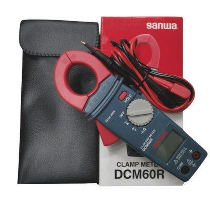 Clamp meter with red handle and black leads on a white background Sanwa DCM60R Digital Clamp Tester True RMS Range 600A AC 600V AC Made In Japan Electx Electrical SUpply