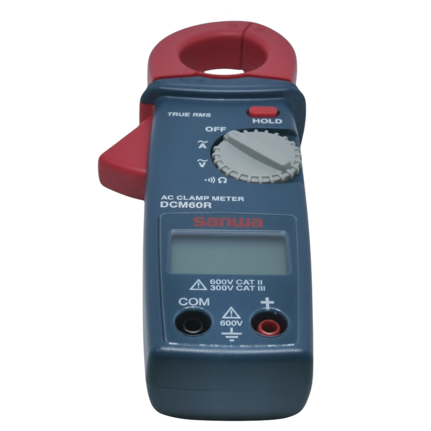 Digital clamp meter with red handle on a white background Sanwa DCM60R Digital Clamp Tester True RMS Range 600A AC 600V AC Made In Japan Electx Electrical SUpply