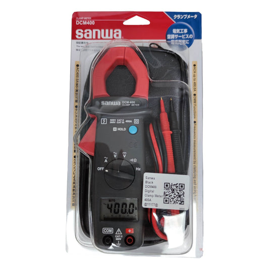 Sanwa Digital Clamp Meter DCM400 with LCD display and test leads in packaging