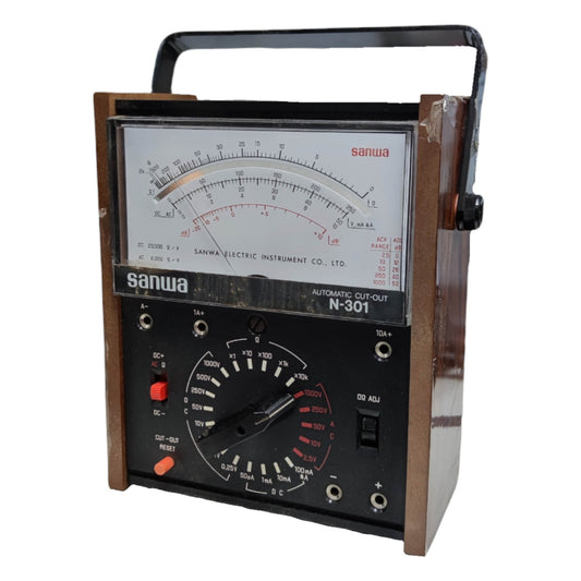 Vintage Sanwa electric instrument with a wooden casing on a white  Sanwa Automatic Cut-Out Multi Tester Vintage Multi Power Tester N-301 (For Display on your Collection)background