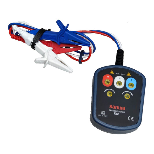 Sanywa phase detector with multicolored leads on a white  Sanwa Phase Detector KS1 3-Phase Sequence Tester Electx Electrical Supplybackground