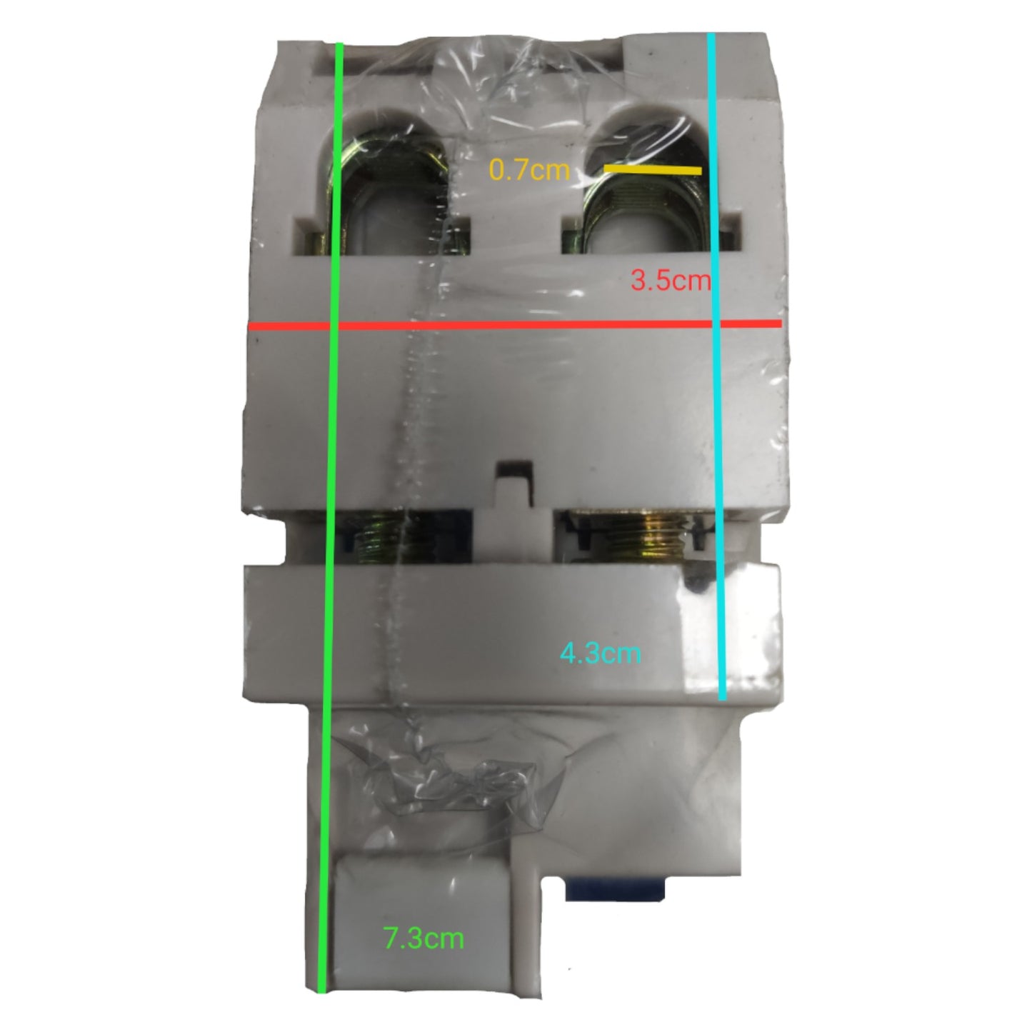 Electrical contactor with measurements marked on a white background