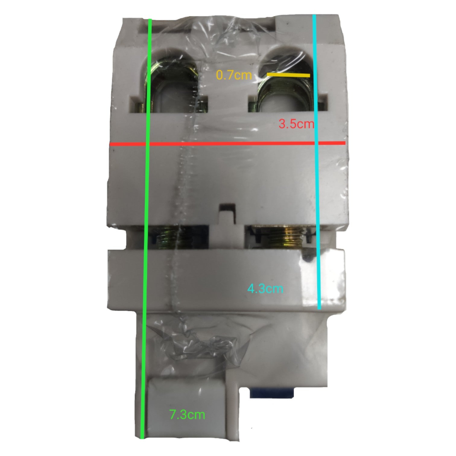 Electrical contactor with measurements marked on a white background