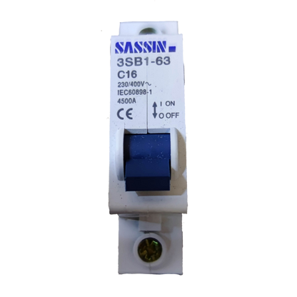 Sassin 16A Miniature Circuit Breaker 1 Pole with blue switch and 230 400V rating for electrical protection