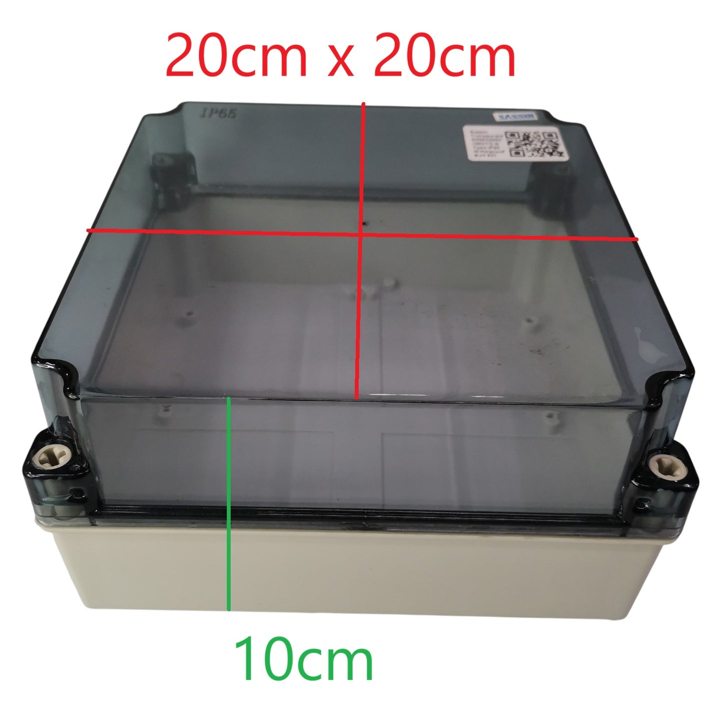 Clear plastic box with dimensions labeled on a white background