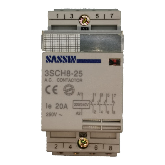 A SASSIN 3SCH8-25 AC contactor with a light gray plastic housing, featuring terminal blocks with screw terminals numbered 1 through 8, and technical specifications printed on the front.