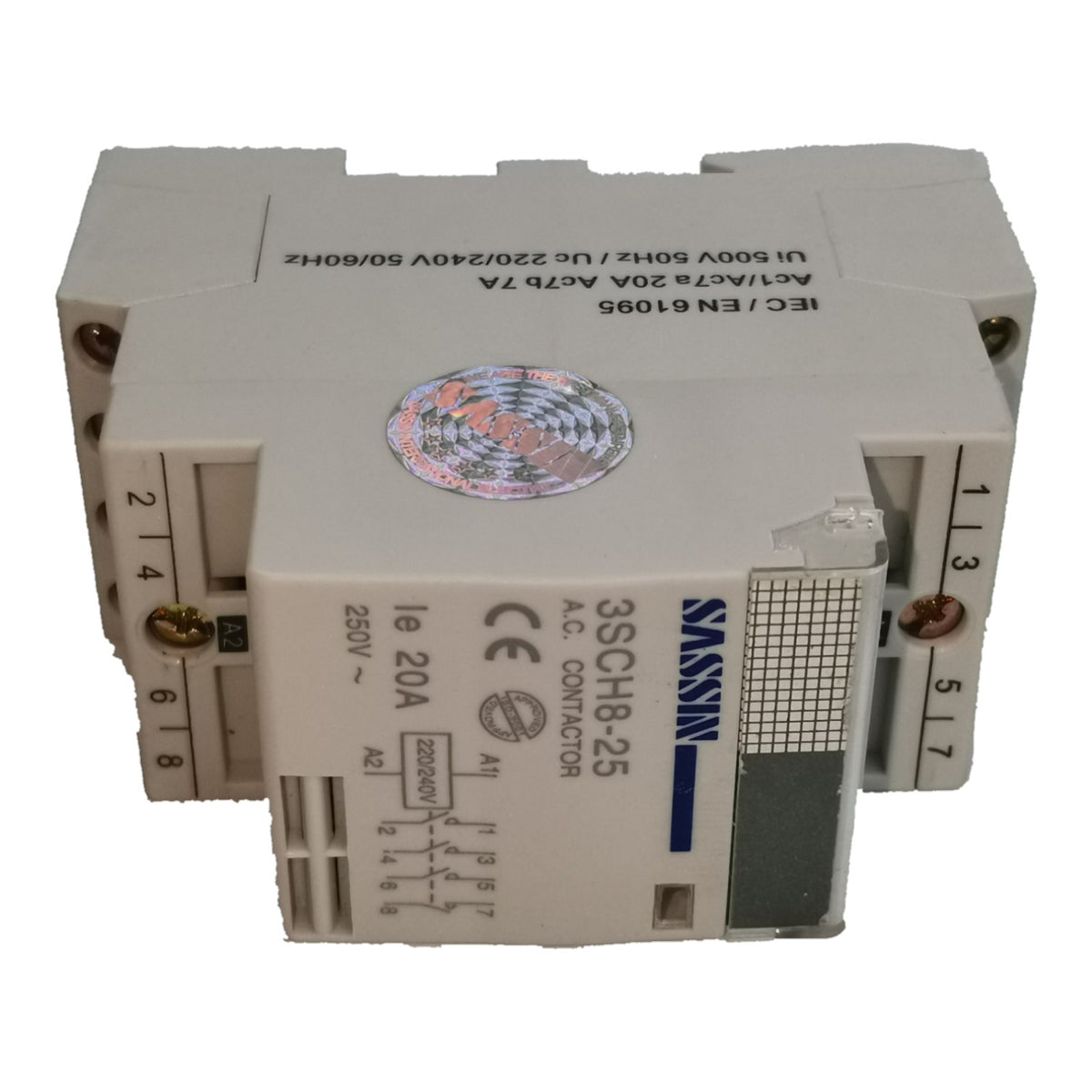 A SASSIIN 3SCH8-25 AC contactor, model IEC / EN 61095, in a light gray plastic housing with screw terminals on the sides and a silver metallic grid on the front face.