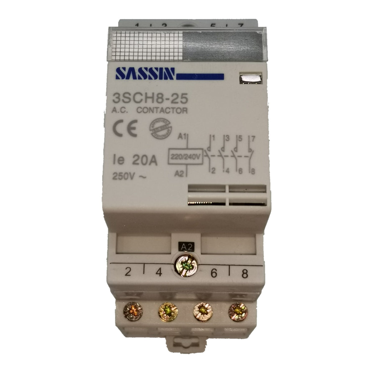 SASSIN 3SCH8-25 AC contactor electrical component, featuring a light gray plastic housing with blue branding and terminal diagrams, shown against a plain white background.