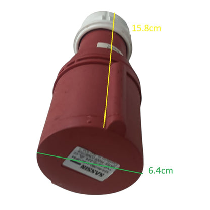 Red cylindrical object with measurements on a white background