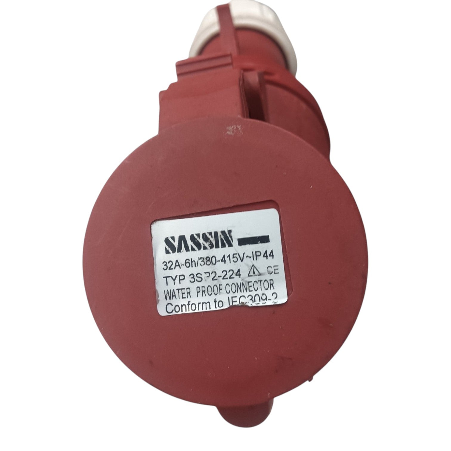 Red waterproof connector with SASSIN branding on a white background