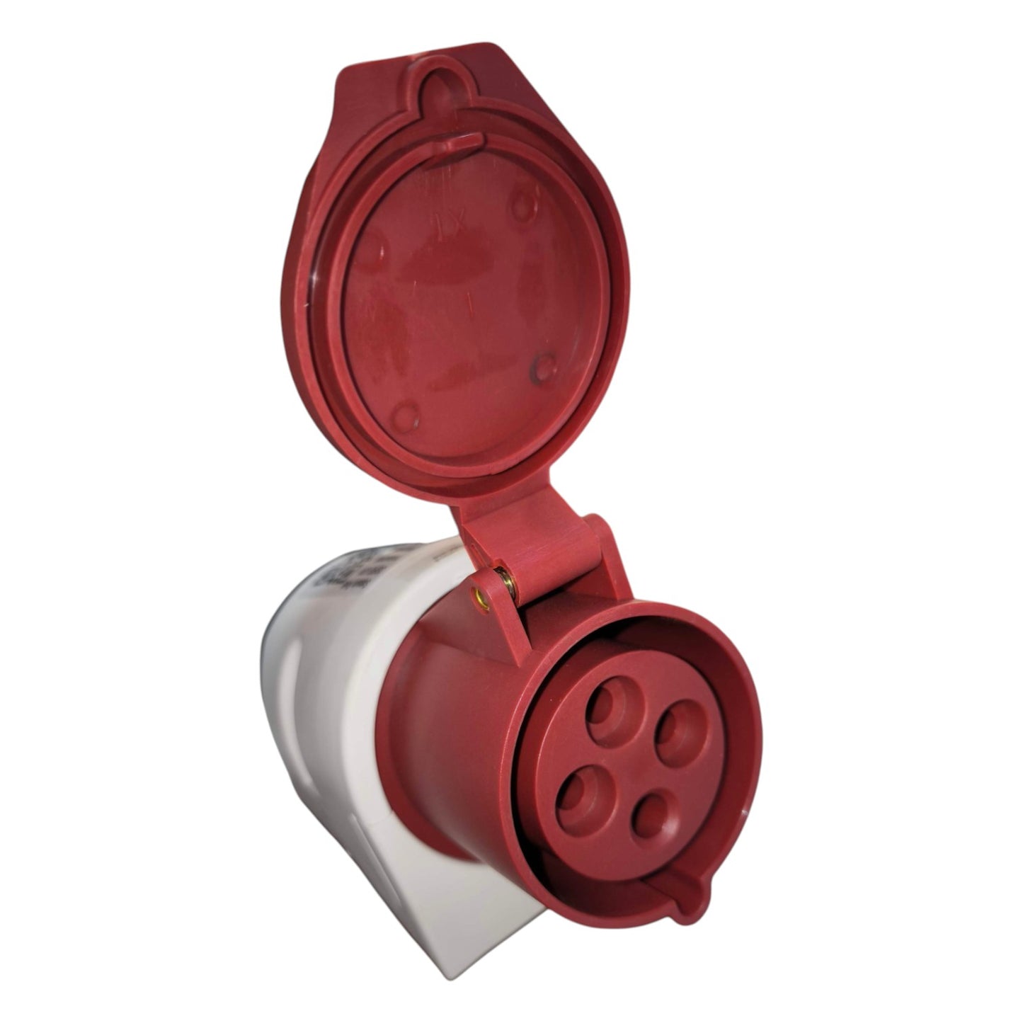 Red electrical plug on a white background