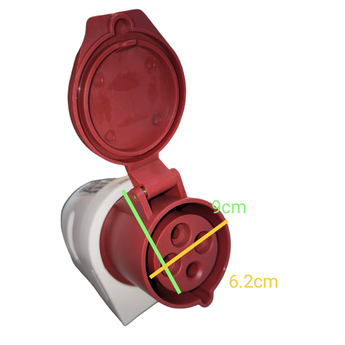 Red electrical plug with measurements on a white background