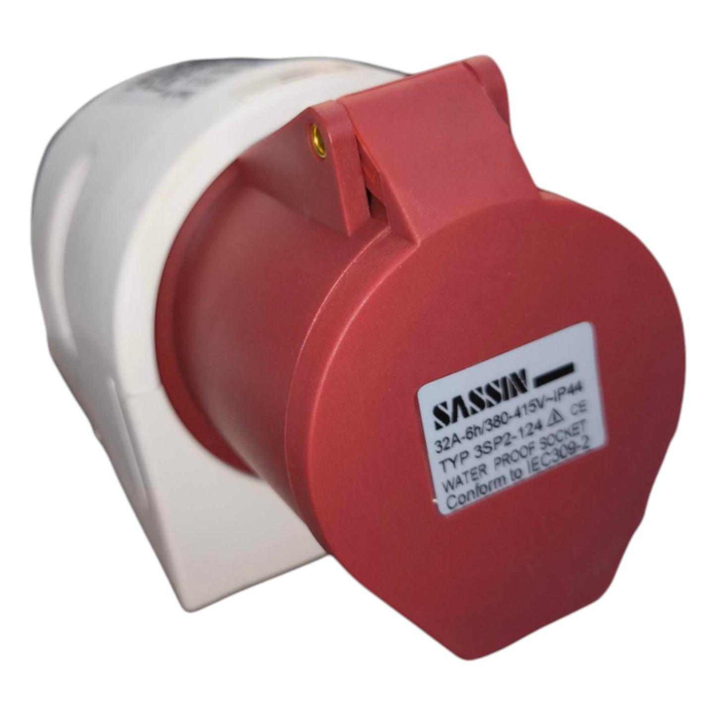 Red electrical socket with Savin branding on a white background
